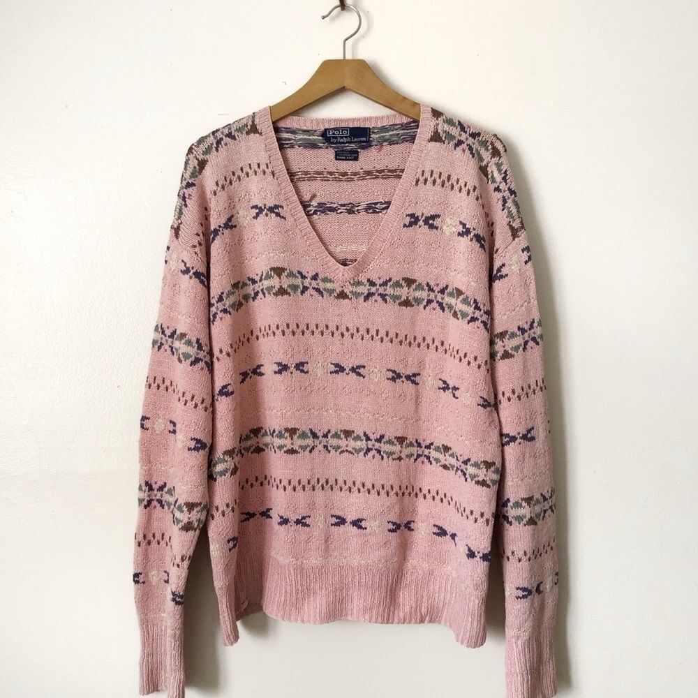 Polo Ralph Lauren Vintage Pink Fairisle Vneck sweater Hand Knit Large western